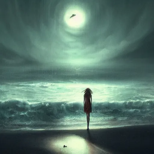 Prompt: lonely beach at night dark art style 4 k trending on artstation cgsociety contest winner award winning sad atmosphere melancholia movement painted by greg rutkowski