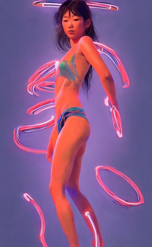 Image similar to ethnic asian girl wearing a skimpy clothes, digital illustration by ruan jia on artstation, outlined by whirling illuminated neon lines and fine lines swirling in circles by jesper ejsing and rhads and makoto and shinkai and lois van baarle, digital art, trending on artstation