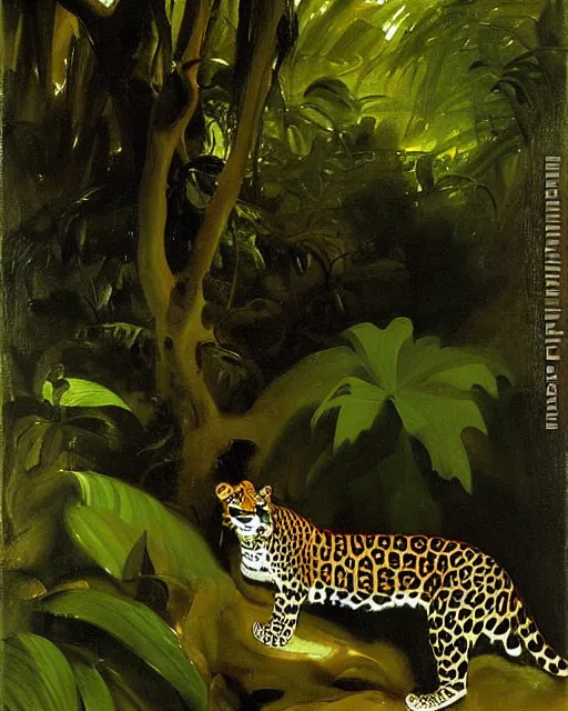 Image similar to Jaguar in a dark misty jungle, painted by John Singer Sargent