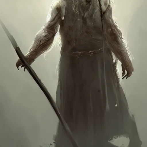 Image similar to a zombie Gandalf, by WLOP, horror, wounds, bloody, dark fantasy, trending on artstation