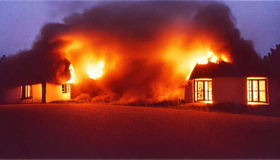 Image similar to 1 9 7 0 s movie still of a heavy burning french style little house in a small northern french village by night in autumn, cinestill 8 0 0 t 3 5 mm, heavy grain, high quality, high detail, dramatic light, anamorphic, flares