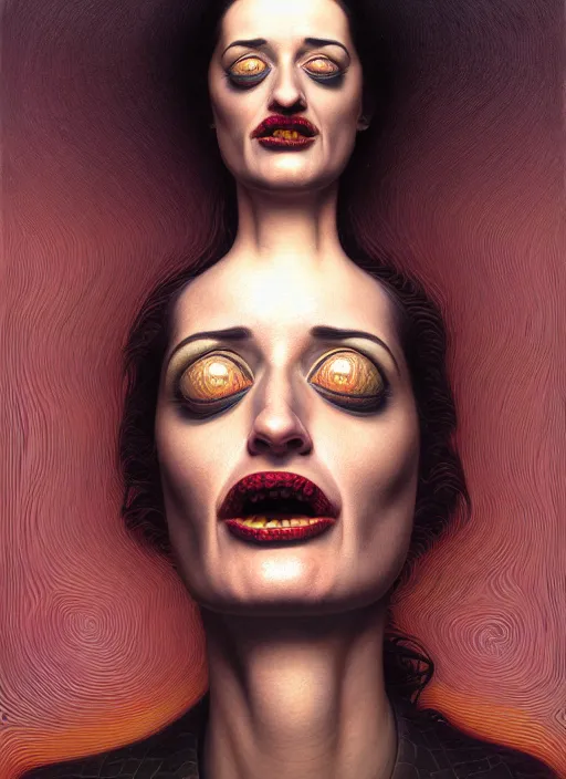 Image similar to hyper detailed 3d render like an Oil painting - Portrait of eva green tongue in cheek by Jacek Yerka, Mariusz Lewandowski, Houdini algorithmic generative render, Abstract brush strokes, Masterpiece, Edward Hopper and James Gilleard, Zdzislaw Beksinski, Mark Ryden, Wolfgang Lettl, hints of Yayoi Kasuma, octane render, 8k