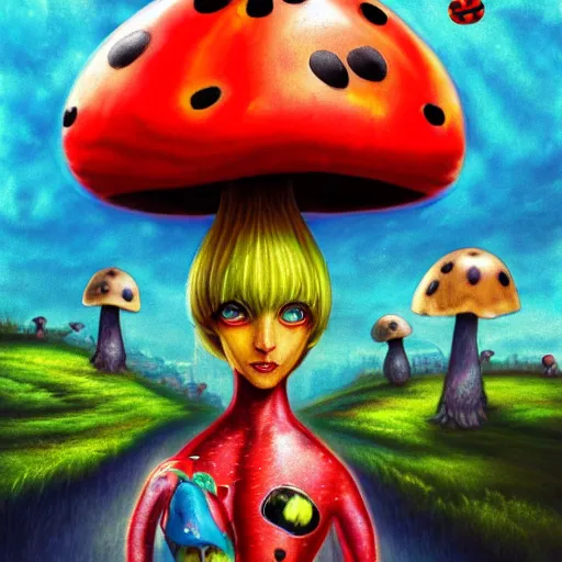 Image similar to 4 k headshot portrait of a psychedelic demonic anthropomorphic ladybug with mushroom themed clothes, magic mushroom village in background by jeff easley, award winning, stylized neon, post - processing, masterpiece, superb resolution. in the art style of junji ito and greg rutkowski. detailed mushroom city in background. hyper realistic anime. perfect art. dalle 2