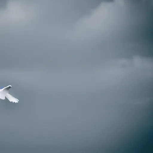 Image similar to a realistic photo of a white dove flying away from the camera in an ethereal cloudscape, high contrast, 8k, film grain, highly detailed, professional photography