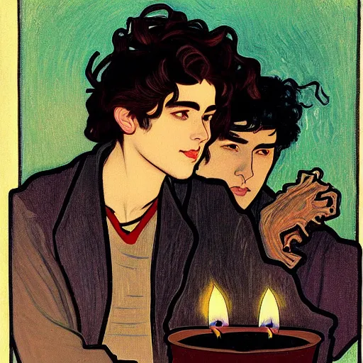 Image similar to painting of young cute handsome beautiful dark medium wavy hair man in his 2 0 s named shadow taehyung and cute handsome beautiful min - jun together at the halloween party, bubbling cauldron, candles, smoke, tarot, autumn colors, elegant, stylized, soft facial features, delicate facial features, art by alphonse mucha, vincent van gogh, egon schiele