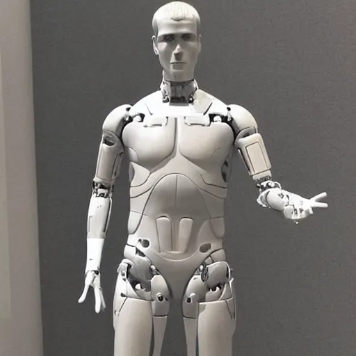 Image similar to “ a realistic detailed photo of a guy who is an attractive humanoid who is half robot and half humanoid, who is a male android, actor liam hemsworth, shiny skin, posing like a statue, blank stare, at the museum, on display ”