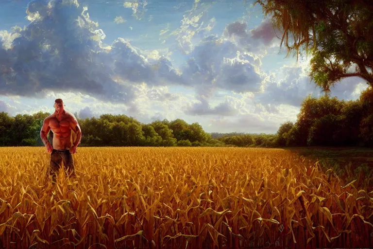 Image similar to john cena in a corn field, an oil painting by ross tran and thomas kincade