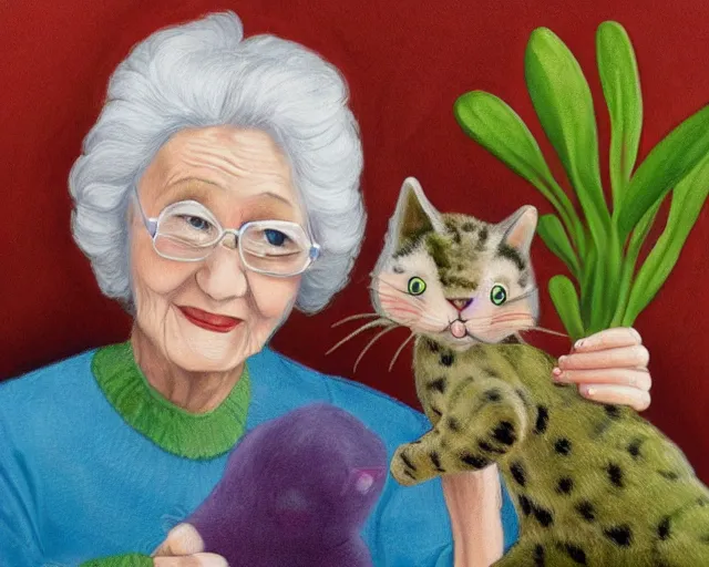 Image similar to detailed portrait of a nice old lady and her plant cat, pixar, sharp high quality