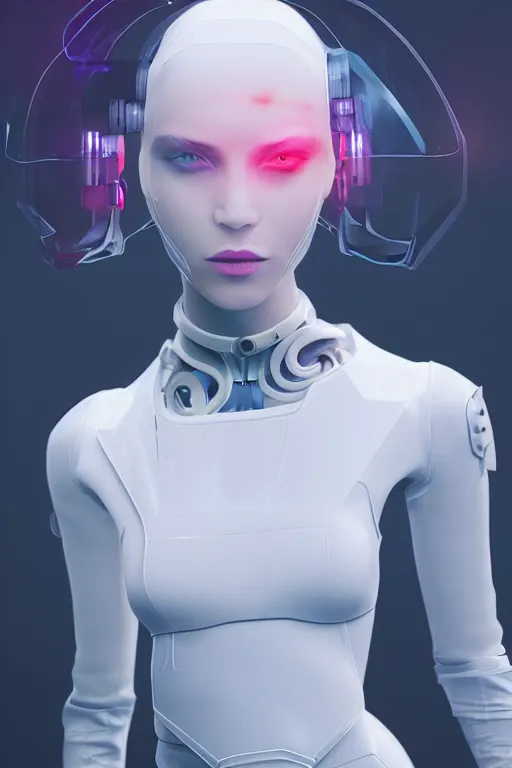 Image similar to white one cast futuristic biomechanic future human, beautiful face, female, futuristic, neon lights, cyberpunk, 8 k, digital painting, by beeple and makoto shinkai, trending on cg society, glamour pose, fashion photography, high fashion, canon r 3, photorealistic, hyper realisitic