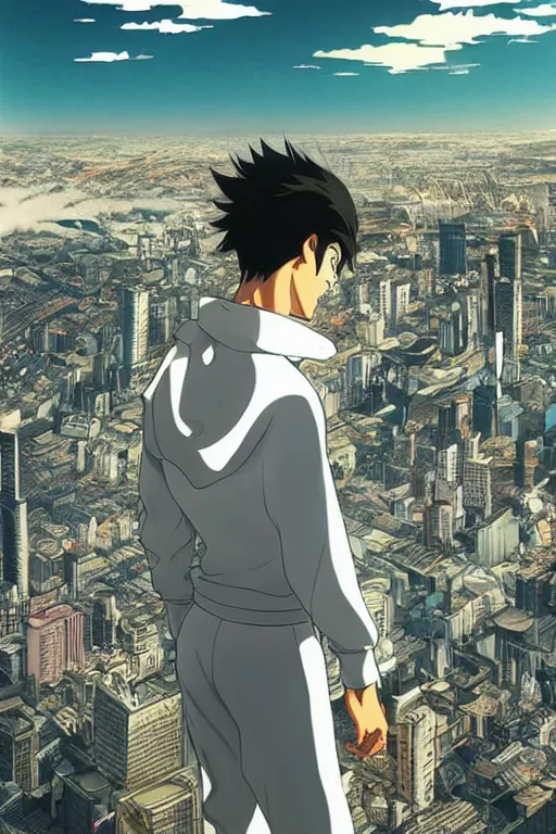 Prompt: man in white tracksuit overlooking a city, style of Mirror\'s Edge, dreamy, beautiful clouds, beautiful artwork by Makato Shinkai + Satoshi Kon, anime