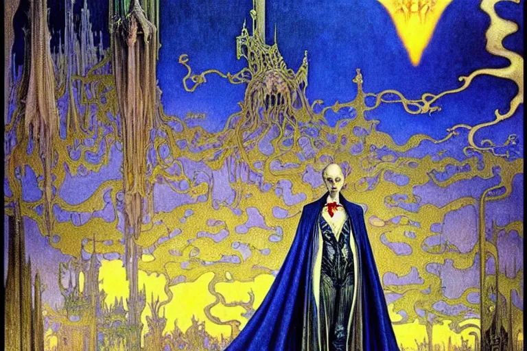 Image similar to realistic extremely detailed portrait painting of an elegantly creepy vampire man in a cape, futuristic sci-fi castle on background by Jean Delville, Amano, Yves Tanguy, Alphonse Mucha, Ernst Haeckel, Edward Robert Hughes, Roger Dean, rich moody colours, blue eyes