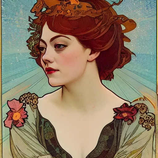 Image similar to emma stone portrait by louis - theophile hingre and alphonse mucha, realistic, sharp focus, zodiac signs, tarot cards, planets, ethereal, art nouveau, magic, moon, sun, crown, dreamy, royal, jewellery