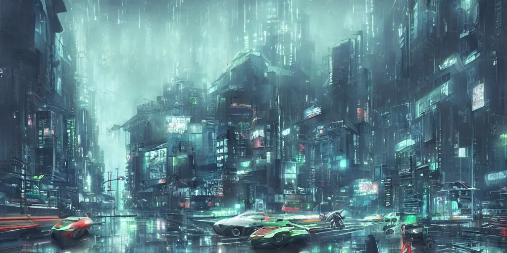 Prompt: rainy futuristic tokyo city with futuristic vehicles and robots, megacity, sci-fi, matte painting, concept art, style by dylan cole