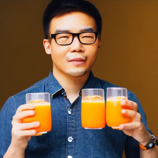 Prompt: asian man with glasses drinking orange juice
