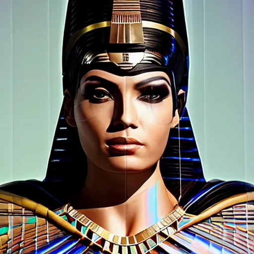Prompt: half body portrait of the muscular Egyptian Android Pharaoh Queen, by DC comics and Sandra Chevrier and beeple, artstation, volumetric lighting and fog, hyperrealism, hyper detailed futuristic royalty, award winning costume design, cybernetic bionic ancient cyborg, fashion show runway, futuristic fine textures, woven with electricity, high fashion superpowers, floating dust particles, bokeh, mystic haze, 4k UHD, HDR