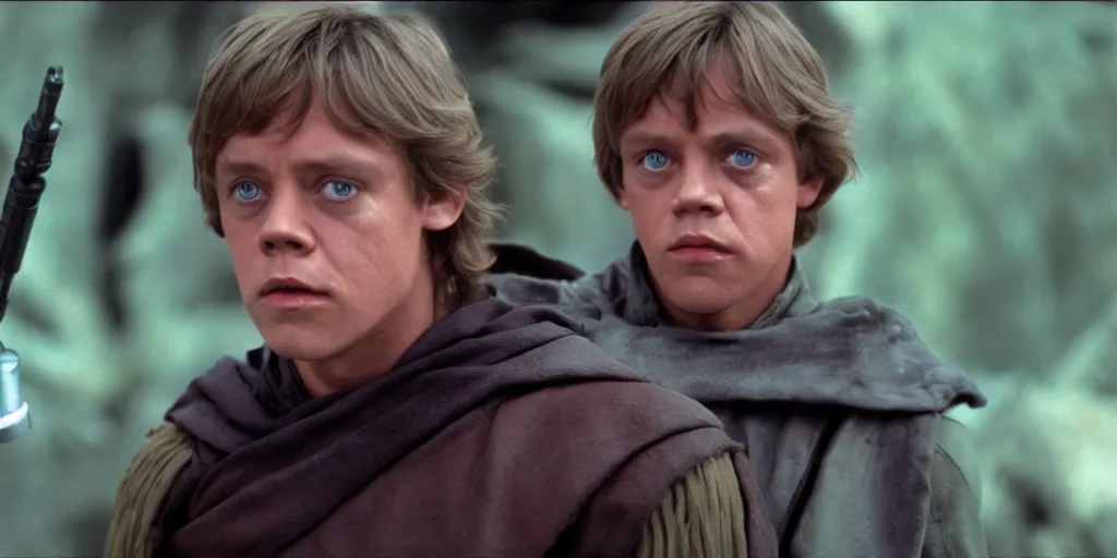 Prompt: Luke Skywalker Return of the jedi young played by Mark Hamill 1983, appears in The Mandalorian season 3 ultra realistic, 4K, movie still, UHD, sharp, detailed, cinematic, render, modern