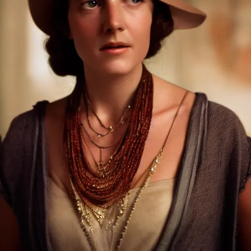 Image similar to a beautiful portrait from the film indiana jones and the fate of atlantis, of sophia hapgood wearing the nur ab sal necklace, dslr hyper focused