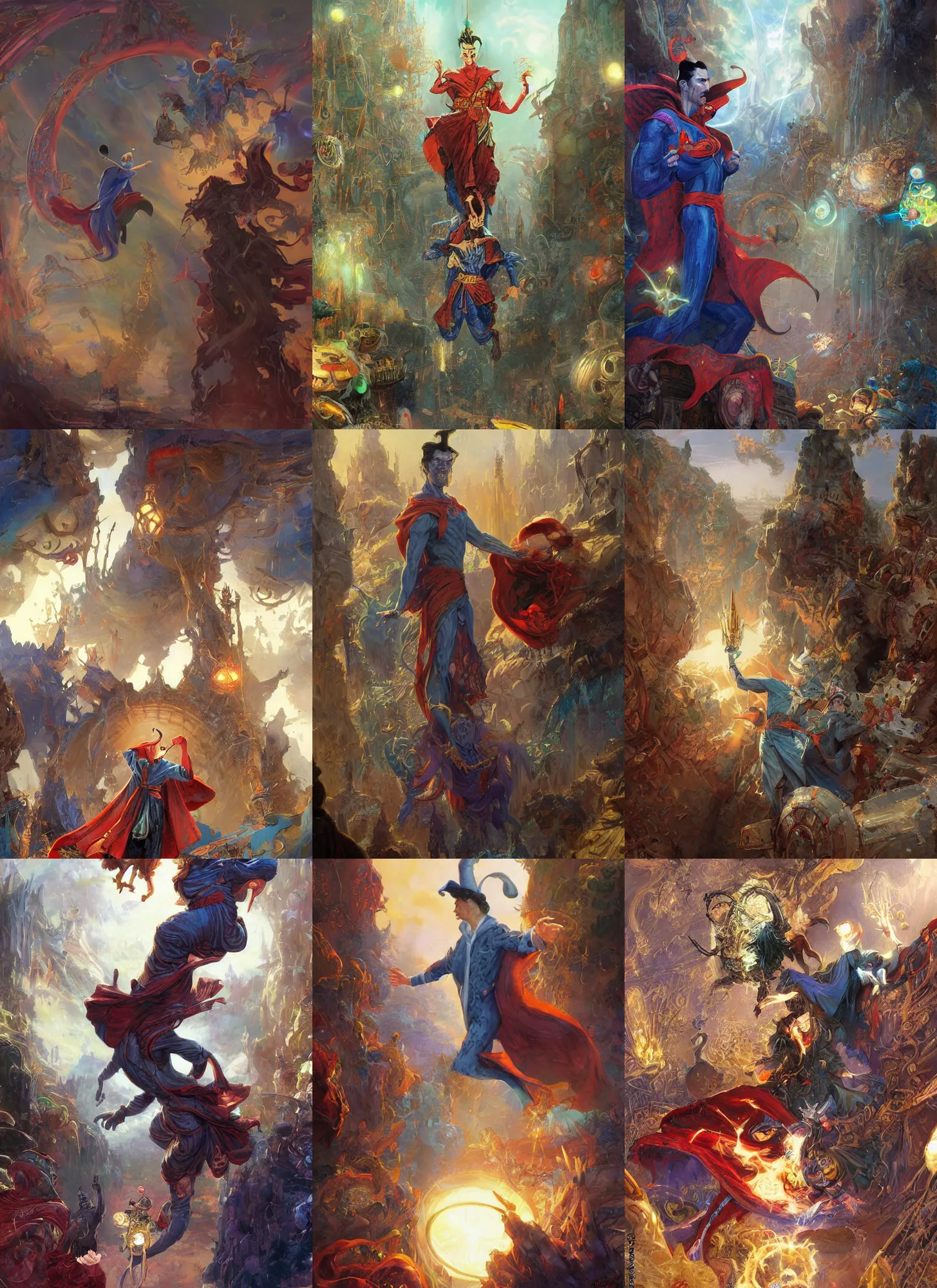 Prompt: a beautiful painting of the third first image on the scattered absurdity server, dr seuss, and dr strange, very pretty, portal hopping and time warping with wild reckless abandonmade, highly detailed painting by gaston bussiere, craig mullins, j. c. leyendecker