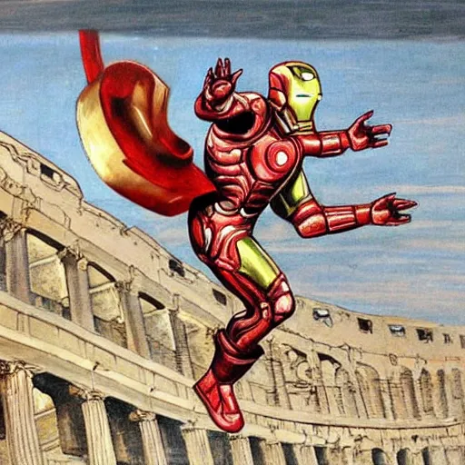 Image similar to hellenistic greece painting of ironman flying across the coliseum