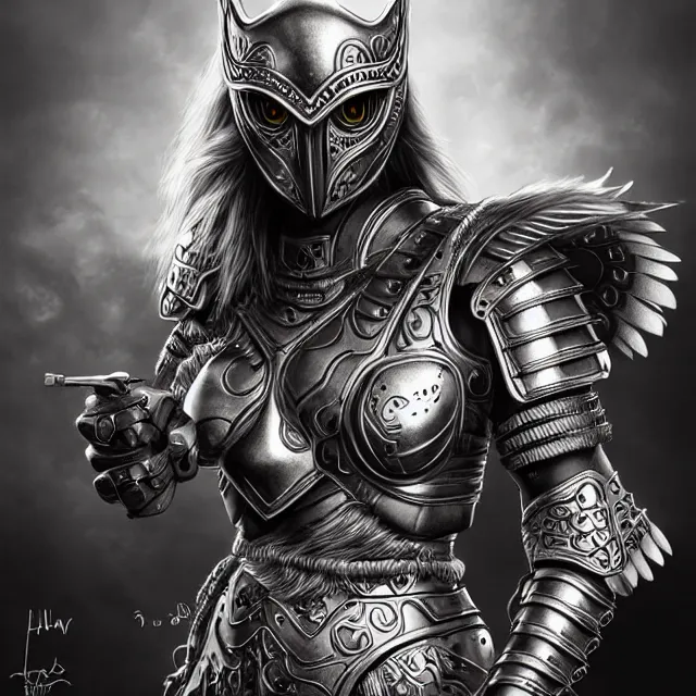 Prompt: warrior with metal owl armour, highly detailed, 4 k, hdr, smooth, sharp focus, high resolution, award - winning photo, artgerm, photorealistic