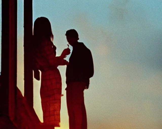 Image similar to lomo photo of pair standing on small hrushevka balcony full with cigarette smoke in small russian town looking at sunset, cinestill, bokeh