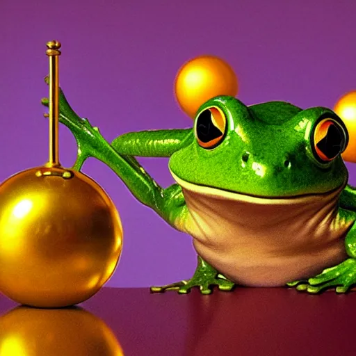 Prompt: a cute frog balances a golden metal ball on his head, by esao andrews, by m. w. kaluta, volumetric light, rich colors, very humorous oil painting, realistic reflections, smooth, concept art, depth perception, high depth of field, 4 k, unreal engine 5, ultradetailed, hyperrealistic, artstation