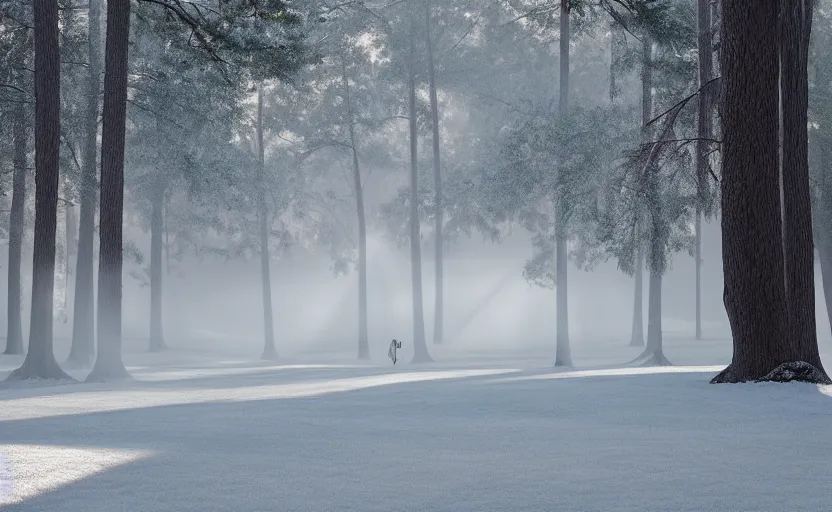 Image similar to augusta national, the masters, but during winter, completely covered in snow, beautiful ambient light, stunning photography, fog, light rays