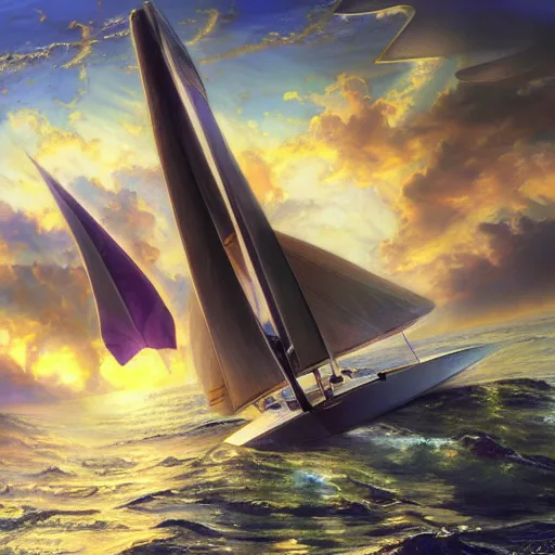 Image similar to Lelouch Lamprooges luxury Sky Sailboat, detailed, centered, digital painting, artstation, concept art, donato giancola, Joseph Christian Leyendecker, WLOP, Boris Vallejo, Breathtaking, 8k resolution, extremely detailed, beautiful, establishing shot, artistic, hyperrealistic, beautiful face, octane render, cinematic lighting, dramatic lighting, masterpiece