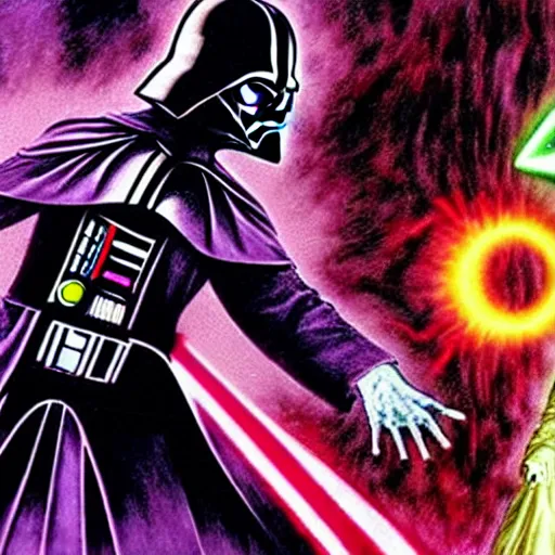 Prompt: psychedelic tom baker fights psychedelic darth vader, photorealistic