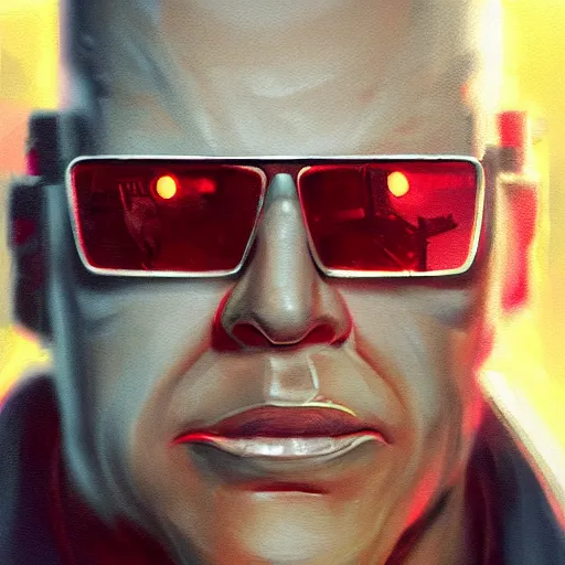 Image similar to a closeup portrait of duke nukem, dramatic light, city background, sunset, high contrast, sharp, painted by stanley lau, painted by greg rutkowski, painted by stanley artgerm, masterpiece, digital art, trending on artstation