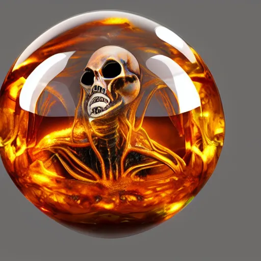 Prompt: a detailed alien skull encased inside amber sphere, photo realistic, hd,