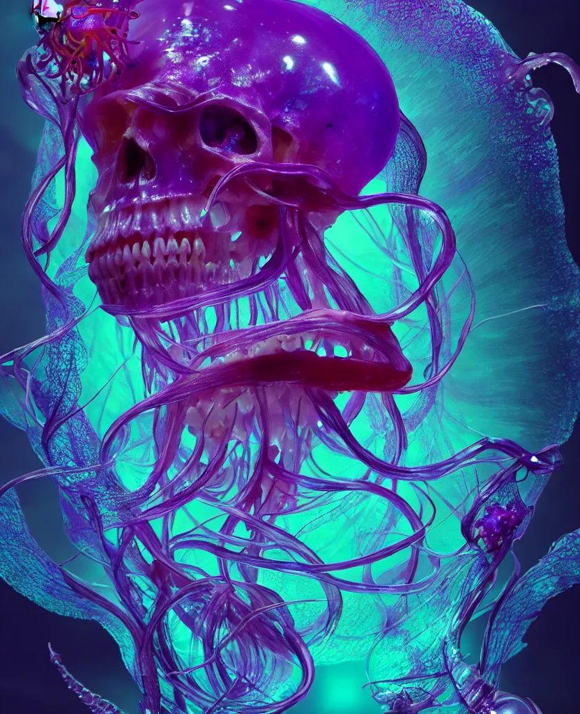 Image similar to close-up portrait of skull dichroic orchid jellyfish skull, betta fish, bioluminiscent creatures, intricate artwork by Tooth Wu and wlop and beeple. octane render, trending on artstation, greg rutkowski very coherent symmetrical artwork. cinematic, hyper realism, high detail, octane render, 8k