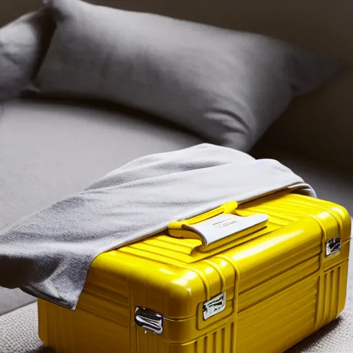 Prompt: yellow coffee mug similar to a rimowa aluminium suitcase, full of steaming coffee