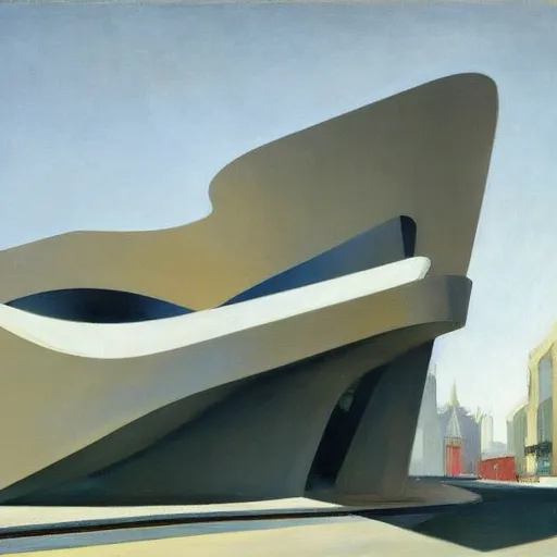 Prompt: a museum designed by zaha hadid, painted by edward hopper