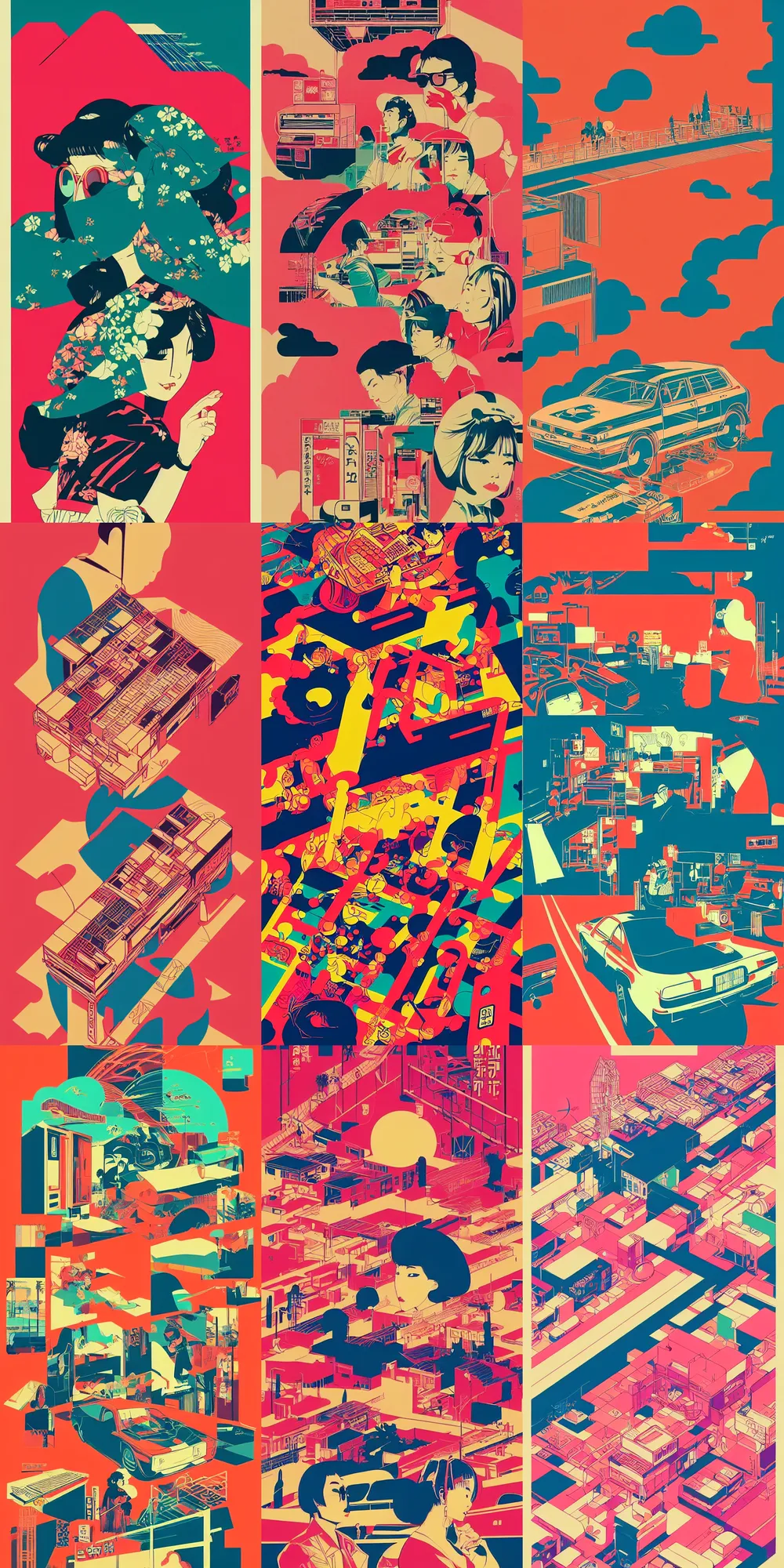 Prompt: beautiful illustration of layout of japanese pop art, city pop, frame, acid, modular synth, music, chillhop, obi strip, poster, 8 0 s, album art, trendy typography, lo - fi, logo, landscape, pinterest, dribble, influenced by retro and vintage, artstation, 8 k, user interface, underground, syd mead, moebius