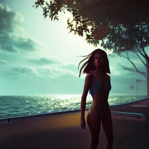 Image similar to a photorealistic hyperrealistic, sydney park, girl on the beach, beautiful dynamic dramatic low - light moody lighting, cinematic atmosphere, artstation, concept design art, octane render, 8 k