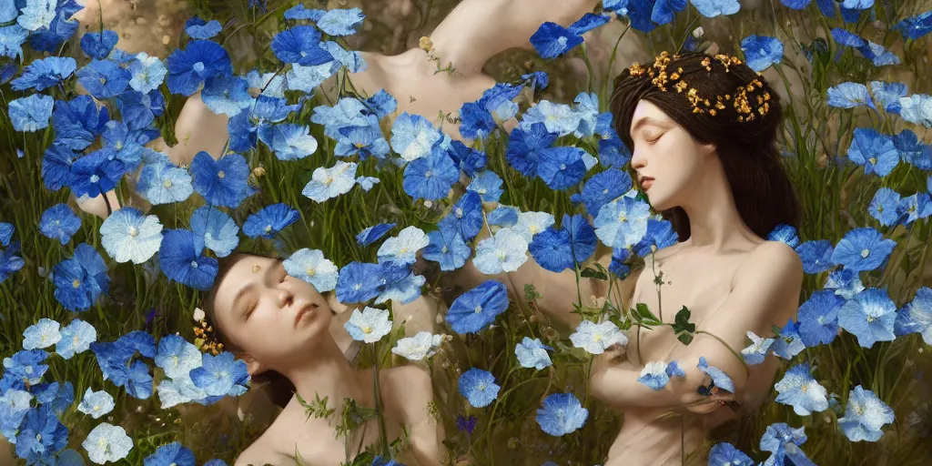 Image similar to goddess of nemophila flowers portrait, amalgamation of leaves and flowers, orthodox saint, beautiful raking sunlight, nemophila flowers. intricate artwork by Hsiao-Ron Cheng. octane render, trending on artstation, greg rutkowski. cinematic, hyper realism, high detail, octane render, 8k