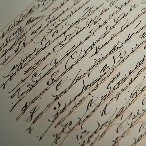 Prompt: studio shot with studio lighting of a beautiful handwriting, inks, quill, calligraphy, on handmade paper,