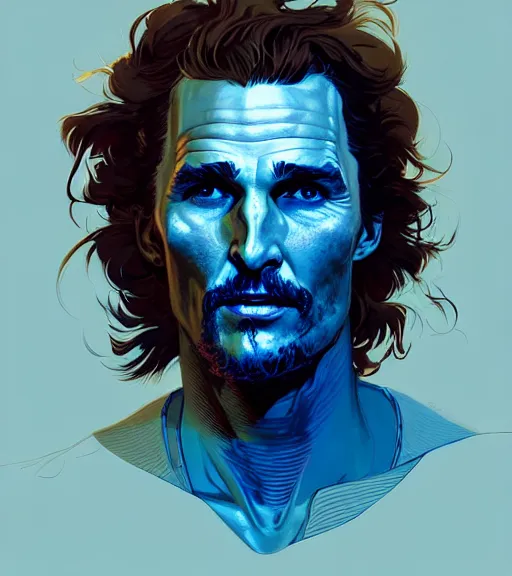 Image similar to portrait of beautiful warrior matthew mcconaughey, by atey ghailan, by greg rutkowski, by greg tocchini, by james gilleard, by joe fenton, by kaethe butcher, dynamic lighting, gradient light blue, brown, blonde cream and white color scheme, grunge aesthetic