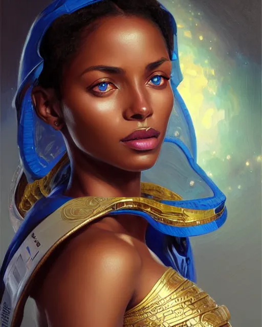 Image similar to Portrait of very very very very very very beautiful ethiopian woman, spacesuit, blue eyes, real life skin, intricate, elegant, highly detailed, artstation, concept art, smooth, sharp focus, art by artgerm and greg rutkowski and alphonse mucha