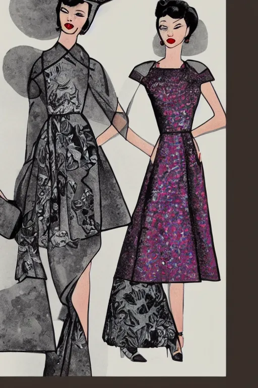 Image similar to a detailed high fashion illustration of a atomic style mid century outfit