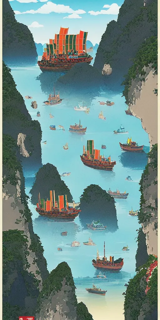 Prompt: poster of ha long bay with ships in water in vietnam by studio ghibli