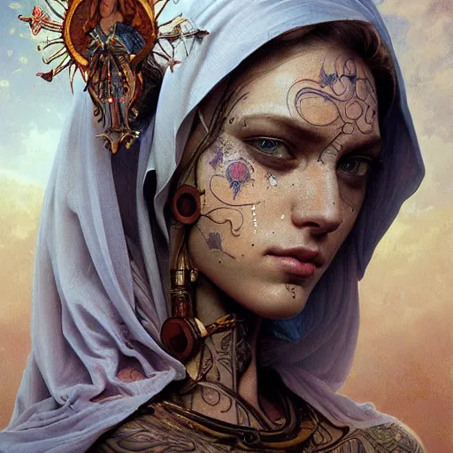 Image similar to Virgin Mary, facial tattoos, artists portrait, biomechanical, heaven, fantasy, highly detailed, digital painting, concept art, sharp focus, depth of field blur, illustration, art by artgerm and greg rutkowski and alphonse mucha