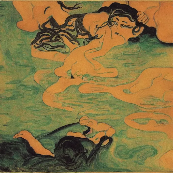 Prompt: shunga scene with turbulent river. painting by munch, agnes pelton, egon schiele, henri de toulouse - lautrec, utamaro, monet