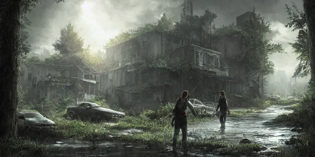 Image similar to an environmental concept art of the last of us, highly detailed, environmental light, cinematic by francis tneh