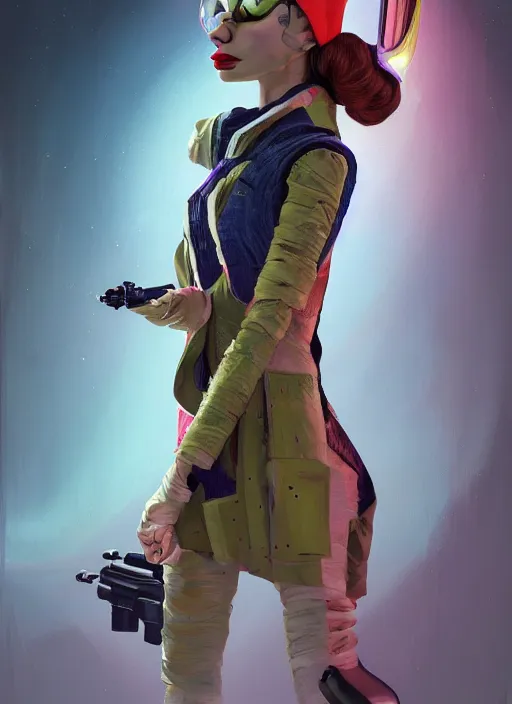 Image similar to an anthropomorphic beautiful female scientist portrait holding a science fiction sniper rifle wearing colourful robe, fine art, award winning, intricate, elegant, sharp focus, octane render, hyperrealistic, wizard hat cinematic lighting, highly detailed, digital painting, 8 k concept art, art by jamie hewlett and z. w. gu, masterpiece, trending on artstation, 8 k