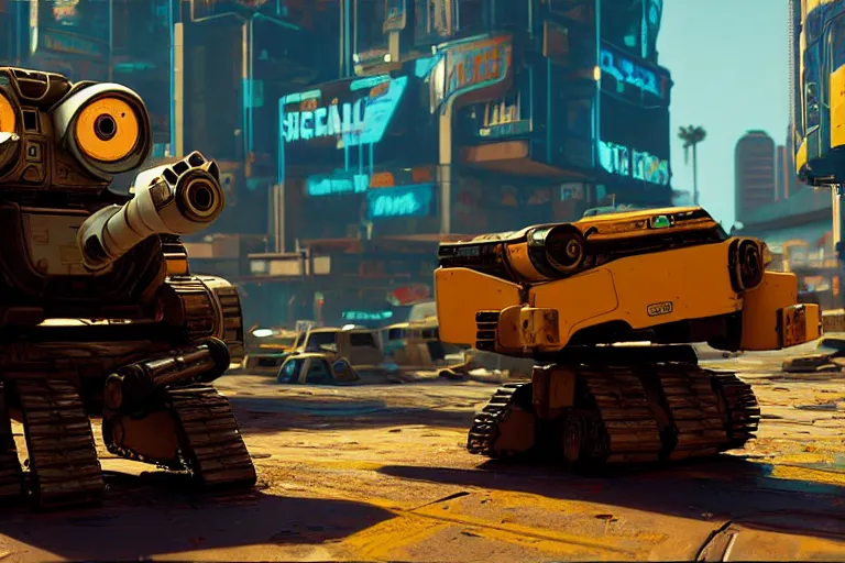 Image similar to wall - e in cyberpunk 2 0 7 7, heavy detailed, ultra high definition quality, super mario 6 4 game engine graphics