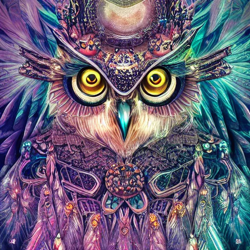 Image similar to detailed portrait of a alien magical owl, wearing a diamond crown, glowing feathers, halfway through, hyper detailed, stylistic, symmetrical, ethereal bohemian, detailed render, hdr, octane render