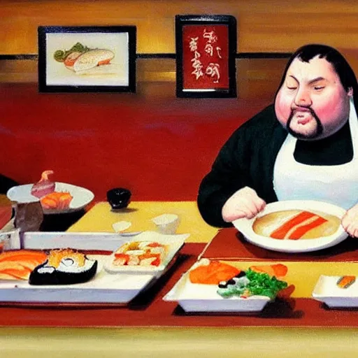Prompt: huge fat caucasian man stuffing himself full of sushi at a sushi buffet, oil painting in a style of dutch masters