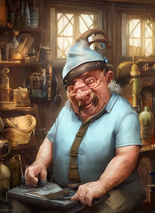 Image similar to An epic fantasy comic book style portrait painting of a an old tinker fat man working on a device in her workshop, unreal 5, DAZ, hyperrealistic, octane render, cosplay, RPG portrait, dynamic lighting